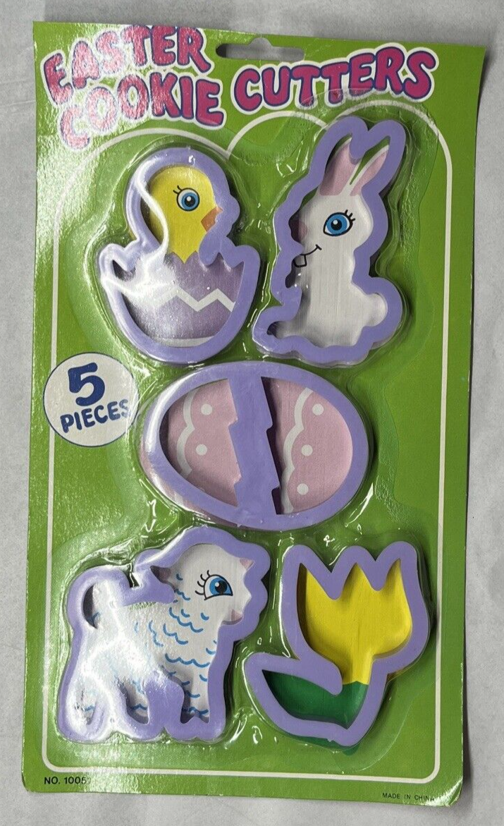 Primary image for Easter Cookie Cutters 5 pc Plastic Purple Bunny Tulip Egg Chick Lamb New