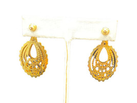 Drop Dangle Cutwork Two Layers Slightly Puffy Stud Gold Tone Pierced Earrings - £15.57 GBP