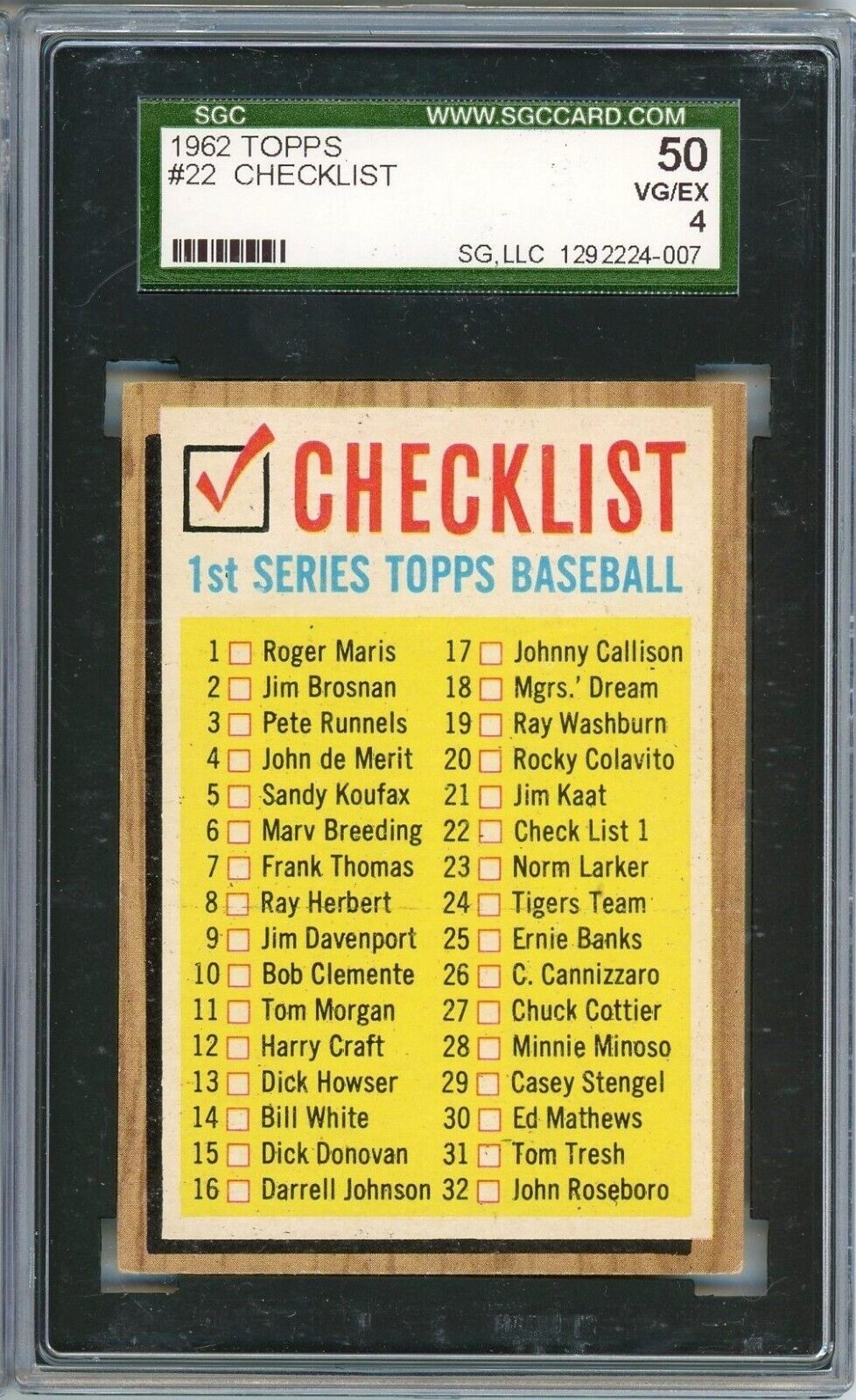 Primary image for 1962 Topps 1st Series Baseball Checklist Unmarked #22 SGC 50 P1337