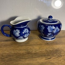 Colbalt Blue and White Leaf Pattern cream and sugar w/lid By DesignPac - £19.92 GBP