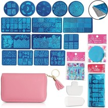 18 Piece Nail Stamping Plate Kit With Pink Storage Bag - £24.89 GBP