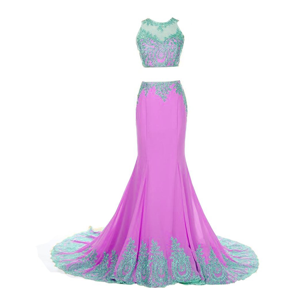 Kivary 2 Pieces Mermaid Gold Lace Sheer Crew Neck Formal Long Prom Evening Dress