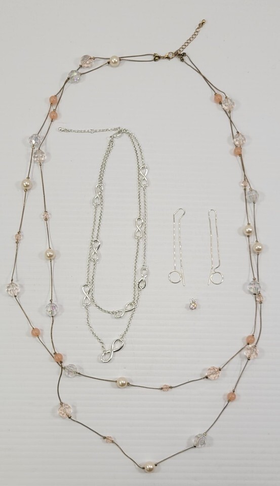 A) Mixed Lot of 5 Junk Drawer Jewelry Double Necklace Earrings Pendant - $11.87