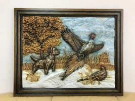 Pheasant Hunting Large Wood Carving Picture 3D Handmade Gift Panno Wall Decor - £171.48 GBP