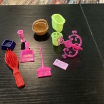 Barbie accessories lot of 10, basket,brush,broom,vhs tape,basket,chandelier - $14.85