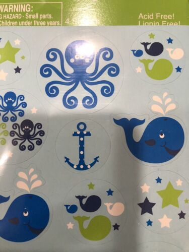4 sheets of STICKERS blue WHALES OCEAN PREPPY WITH OCTOPUS ANCHORS AND S... - $2.71