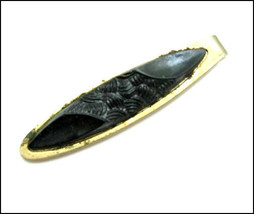 Black Glass Vintage Tie Clasp Basket Weave Design Goldtone Short 1 9/16&quot; Length - £10.54 GBP