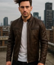 Brown Leather Bomber Jacket: Modern Stand Collar, Zipper Pockets - $169.95