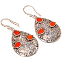 Italian Red Coral Cut Gemstone 925Silver Overlay Handmade Filigree Drop Earrings - £9.58 GBP