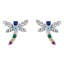 Sterling Silver 925 Dragonfly Insect Small Stud Earrings With Cubic Zirconia - £10.75 GBP