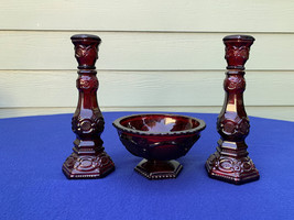 Avon Cape Cod ruby red tall candle holders and pedastal candy dish very good - $13.99