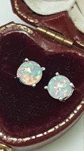 Cute 925 Sterling Silver Round Cut White/Blue Fire Opal Stud Earrings - $122.14 CAD