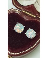 Cute 925 Sterling Silver Round Cut White/Blue Fire Opal Stud Earrings - $122.20 CAD