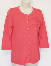 Christopher &amp; Banks Womens Beaded Cardigan Sweater S Small Coral Floral Applique - £18.07 GBP