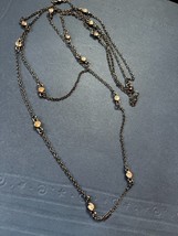 Long Double Strand Oxidized Silvertone Chain w Round Clear Rhinestones Necklace - £11.71 GBP