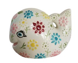Cute vintage white ceramic whale bank with multicolored floral accents - $19.99