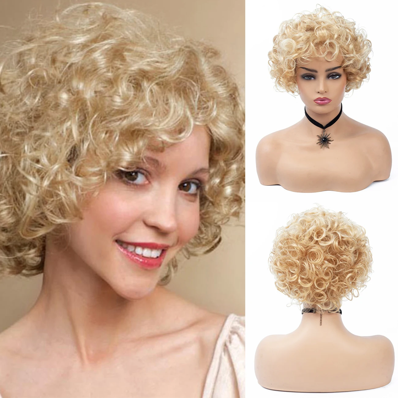 BCHR Short Curly Synthetic Wigs Golden Party Hair for White Women Blonde Mix - £8.17 GBP