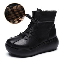 OUKAHUI Winter Warm Leather Lace Up Vintage Short Boots Women Flat Platform 5.5C - £61.23 GBP