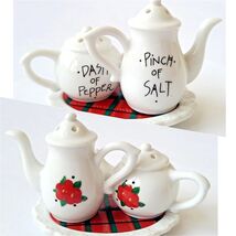 Vintage Miniature Porcelain Tea Pot Salt &amp; Pepper Shakers On Tray Double... - €12,08 EUR