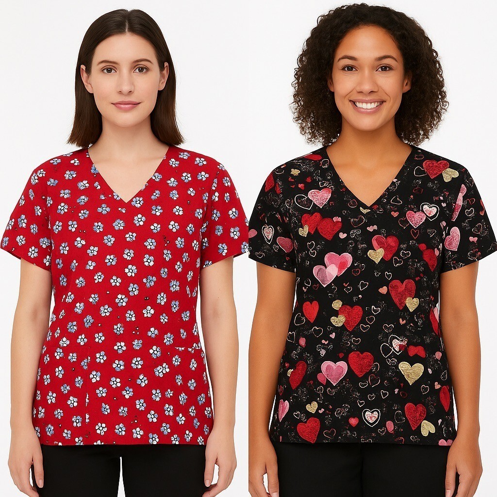 SB Scrubs Women’s Size L Lot of 2 V-Neck Tops – Red Ladybugs & Black Hearts Item image 5