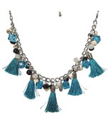 Charming Charlie Silver Tone Necklace Teal Aqua Blue Tassel Beaded Squar... - $31.68