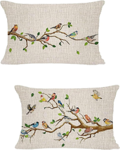Patio Bird Lumbar Pillows Set of 2, 12X20 Inch Colorful Birds on Branches Throw - £23.15 GBP