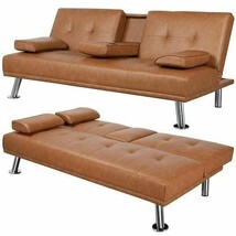 Brown Modern Faux Leather Cup Holders Convertible Sofa Bed Futon Sleeper - $10,308.56 MXN