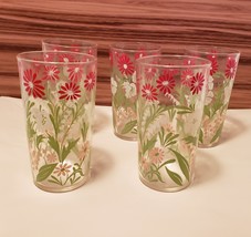 Vintage Set of 5 Juice Drink Glasses Flowers - Red - Pink and White  - £15.61 GBP