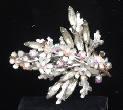 White Floral Aurora Borealis Rhinestone Leaf Brooch Pin Jewelry Vintage - £10.24 GBP