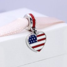 925 Sterling Silver American USA Flag Dangle Charm with Mixed Enamel Pendant  - £13.94 GBP