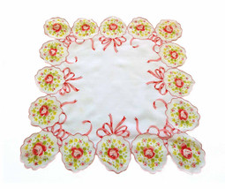 Rose Bouquets Accented with Pink &amp; Red Sewn Applique Handkerchief White Backgrou - £10.31 GBP