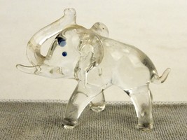 Clear Glass Elephant Figurine, Small Paperweight, Trunk Up, Blue Eyes, #... - $19.55
