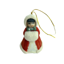 Vintage Christmas Caroler Figurine Jasco Felt Covered Girl Porcelain Bell - £9.59 GBP