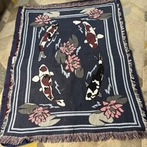 Vintage Koi fish swimming lotus floral woven fringe sofa throw tapestry ... - $120.00