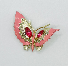 Vintage Pink Enamel Butterfly Brooch Pink Rhinestone 1.75&quot; Gold Tone Unsigned - £23.26 GBP