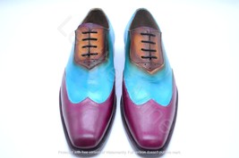 Men&#39;s Handmade Blue Patina Wingtip Oxford Leather Formal Dress Shoes For Men - $140.98