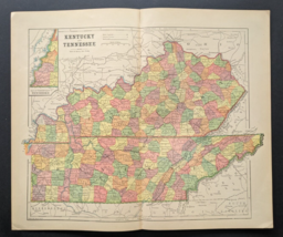 Antique Original 1890 Kentucky Tennessee Hunt &amp; Eaton Colored Map 13x11 - £27.37 GBP