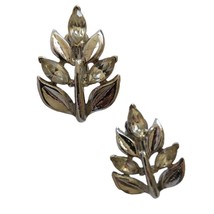 Crown Trifari Earrings Clip On Leaf Vintage Rhinestones Floral Silver To... - $20.79