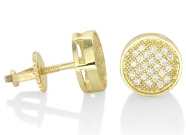 Screw Back Micro Pave Cz Earrings Men Women Round 8mm 14k Gold Plated Hip Hop - £12.04 GBP