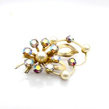 Vintage Glitzy Floral Spray Brooch, Gold Tone with Faceted AB Sparkle Cr... - $28.06