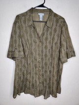 Catherine&#39;s 1X 18/20 Blouse Top Semi Sheer Olive Green Tribal Crinkle Pl... - £15.94 GBP