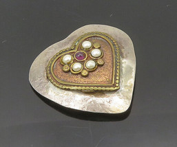 DESIGNER 925 Silver - Vintage Petite Pearls &amp; Garnet Heart Brooch Pin - BP7199 - £45.25 GBP