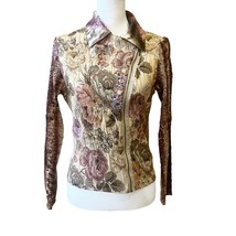 VTG Alberto Malaki Floral Tapestry Sequin Beaded Asymmetrical Zip Jacket... - $37.40