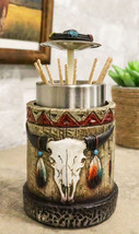 Rustic Western Native Indian Cow Skull Feathers Spring Barrel Toothpick Holder - £19.17 GBP