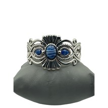 Rural Rumination Silver Metal  Blue  Creme Swirled Stone Cuff Bracelet - £15.49 GBP