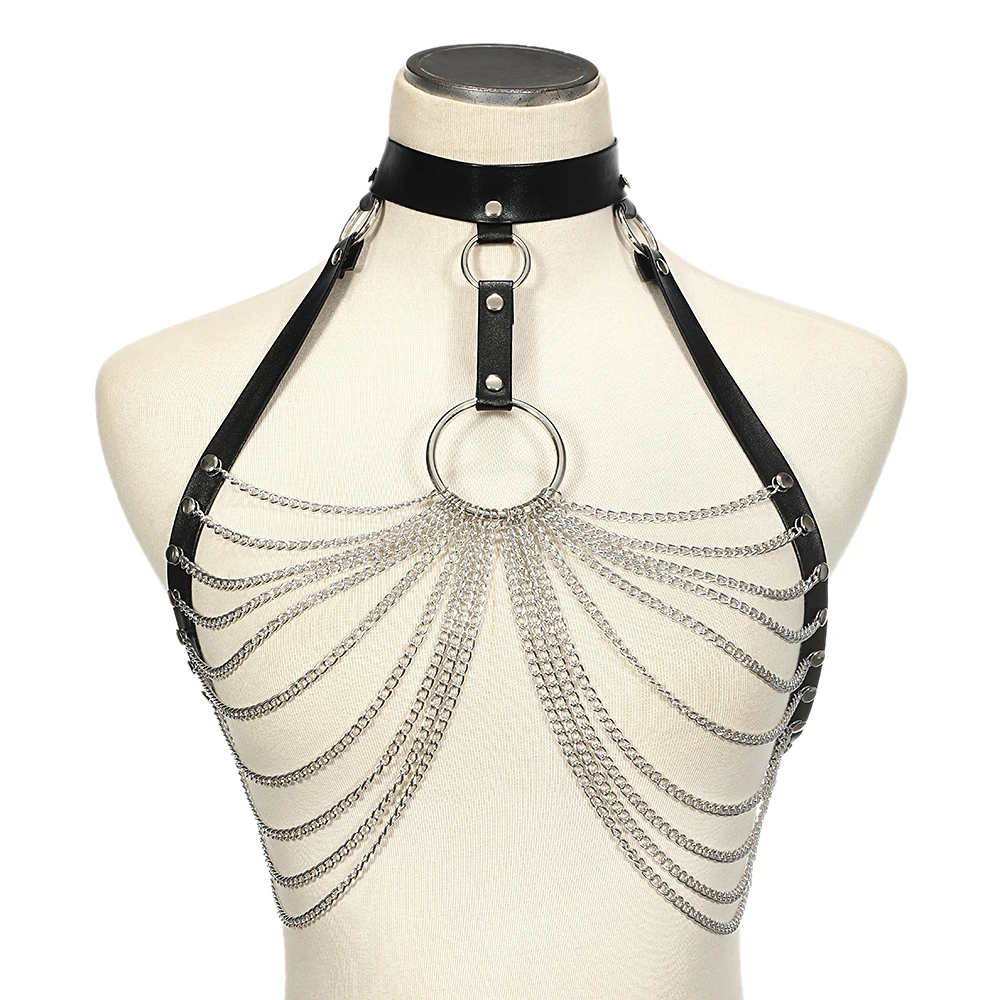 Sporting Goth Leather Body Harness Chain Bra Top Chest Waist Belt Witch Gothic P - £23.56 GBP