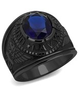 US Navy Black Plated Stainless Steel Blue Crystal Mens Ring TK316 - £15.22 GBP