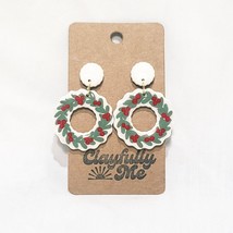 Christmas Wreath Dangle Drop Earrings  1 3/4&quot; Pierced White Green Clayfully Me - £12.22 GBP