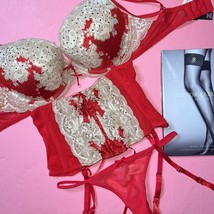 Victoria&#39;s Secret 34C,36B Bombshell Bra Set+Garter Red Gold Beige Sexy Seduction - £233.53 GBP