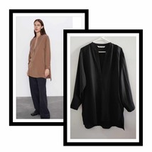 Zara Deep V-Neck Long Sleeve Blouse w/ Slits Black Size XL - £23.57 GBP